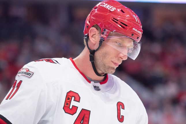 Apr 10, 2023; Ottawa, Ontario, CAN; Carolina Hurricanes center Jordan Staal (11) skates during a break in the second period against the Ottawa Senators at the Canadian Tire Centre.