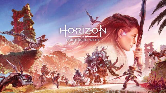 An illustration for Horizon Forbidden West showing hero Aloy, robotic dinosaurs, tribesmen, and more. 