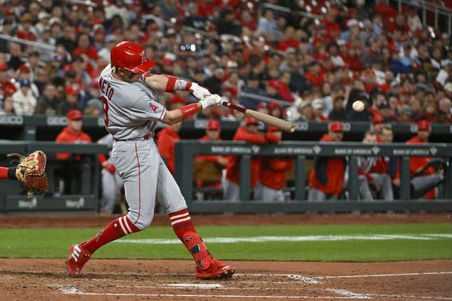 May 2, 2023; St. Louis, Missouri, USA;  Los Angeles Angels shortstop Zach Neto (9) hits a one run single against the St. Louis Cardinals during the sixth inning at Busch Stadium.