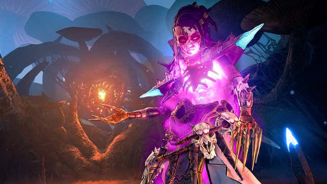 A woman charges up a spell in Tiny Tina's Wonderlands, one of the video games coming out in March 2022.