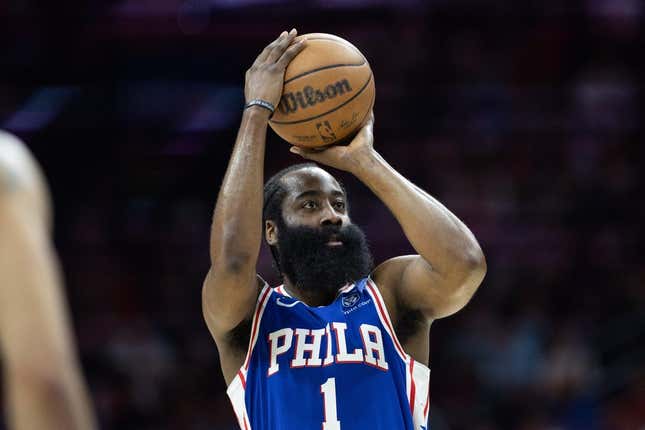 May 11, 2023; Philadelphia, Pennsylvania, USA; Philadelphia 76ers guard James Harden (1) shoots against the Boston Celtics during the first quarter in game six of the 2023 NBA playoffs at Wells Fargo Center.