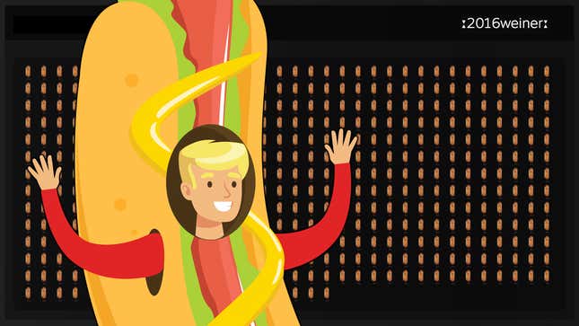 A cartoon man wearing a hot dog costume stands in front of hundreds of hot dog emojis.