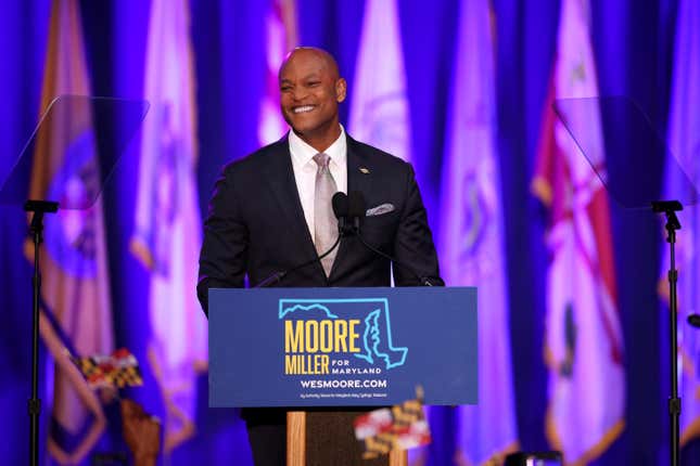 BALTIMORE, MARYLAND - NOVEMBER 08: Democratic gubernatorial nominee Wes Moore addresses supporters after defeating Republican nominee Dan Cox on November 08, 2022, in Baltimore, Maryland. Moore will become Moore and will make history as the state’s first Black governor.