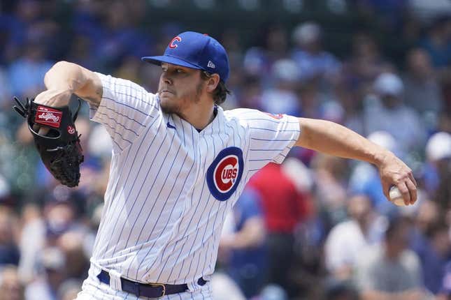 Jun 17, 2023; Chicago, Illinois, USA; Chicago Cubs starting pitcher Justin Steele (0) throws against the Baltimore Orioles during the first inning at Wrigley Field.