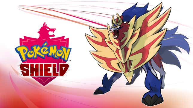 Zamazenta is seen next to the Pokemon Shield logo.