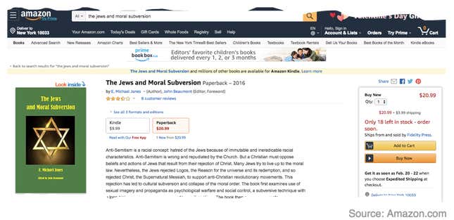 “A Christian must oppose beliefs and actions of Jews that result from their rejection of Christ,” says one customer review.