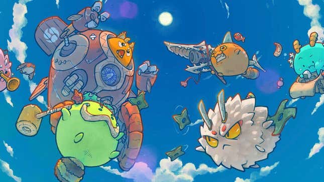 Fantasy creatures in the game Axie Infinity launch through the air.
