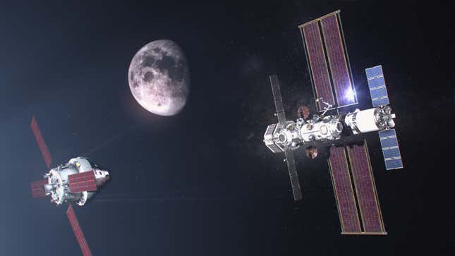 Conceptual view showing NASA’s Orion spacecraft approaching the full Gateway configuration. 