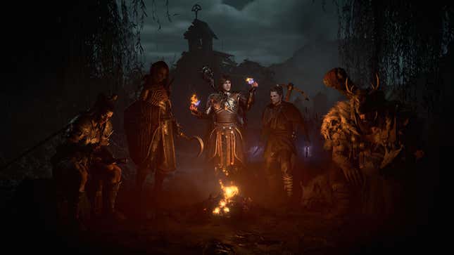 Diablo IV characters sit around a camp fire. 