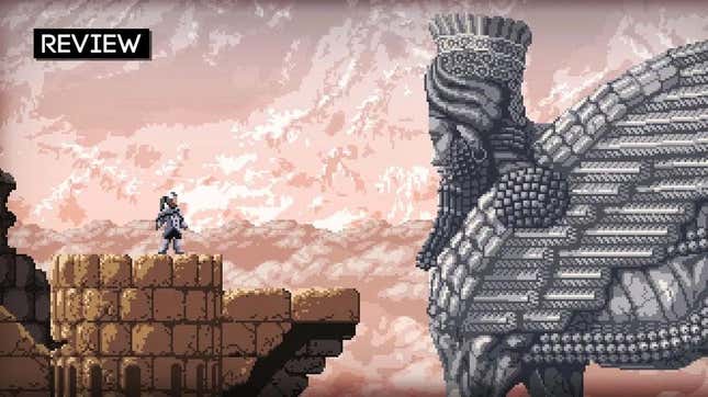 Pixel art of a woman looking at a large, ancient statue. 