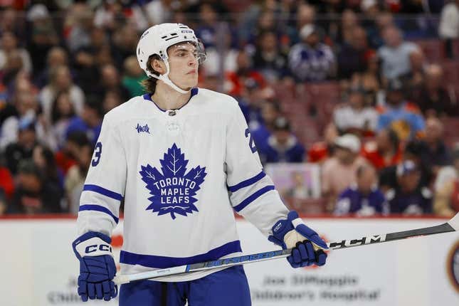 Apr 10, 2023; Sunrise, Florida, USA; Toronto Maple Leafs left wing Matthew Knies (23) looks on during the first period against the Florida Panthers at FLA Live Arena.
