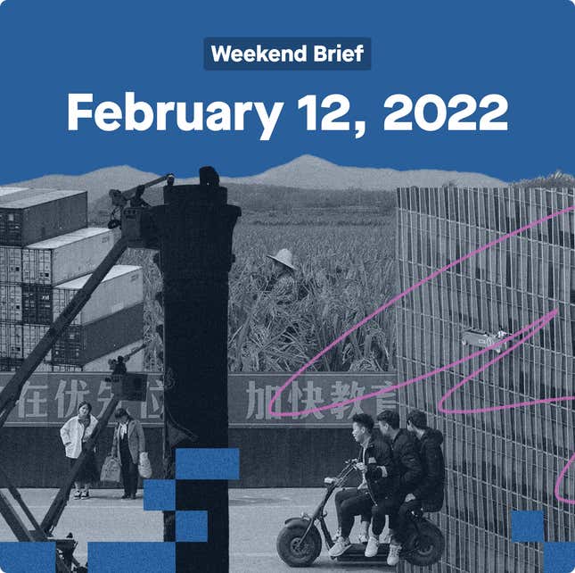 A photo collage showing different aspects of the Chinese economy, including a wheat field, shipping containers, a construction crane, and three men riding a scooter. The words, Weekend Brief, February 12, 2022 are written above the collage.