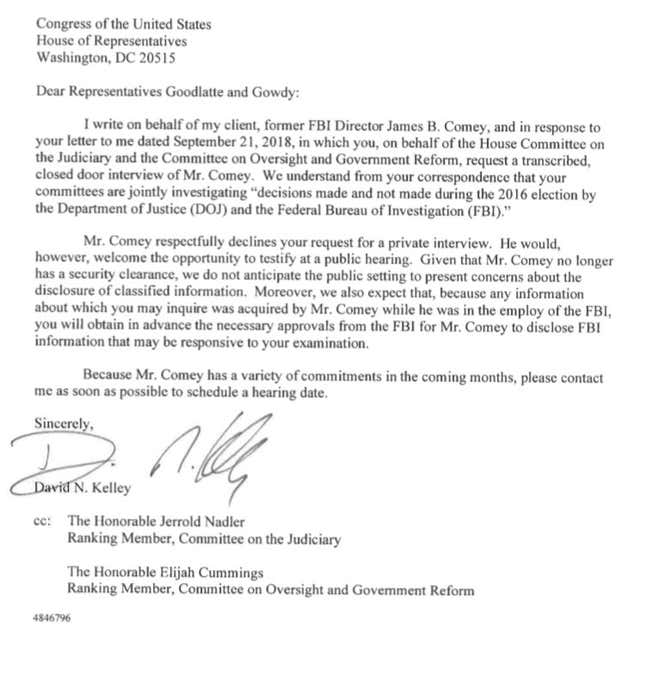 Comey’s letter to the House Judiciary and Oversight committees.