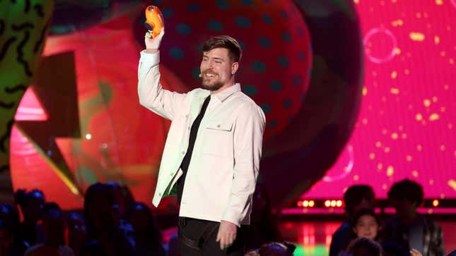 MrBeast appears on stage at the 2023 Nickelodeon Kids' Choice Awards. 