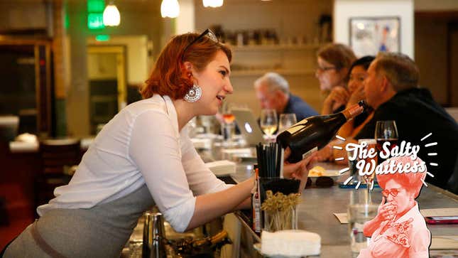 a bartender pours a drink; the Salty Waitress logo