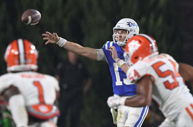 Sep 4, 2023; Durham, North Carolina, USA; Duke Blue Devils quarterback Riley Leonard (13) passes during the second quarter against the Clemson Tigers at Wallace Wade Stadium in Durham, N.C.Mandatory Credit: Ken Ruinard-USA TODAY Sports