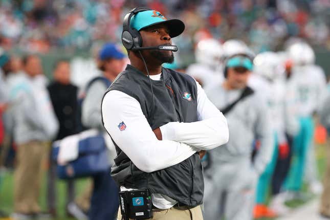 EAST RUTHERFORD, NJ - NOVEMBER 21: Miami Dolphins head coach Brian Flores during the fourth quarter of the National Football League game between the New York Jets and the Miami Dolphins on November 21, 2021, at MetLife Stadium in East Rutherford, NJ.