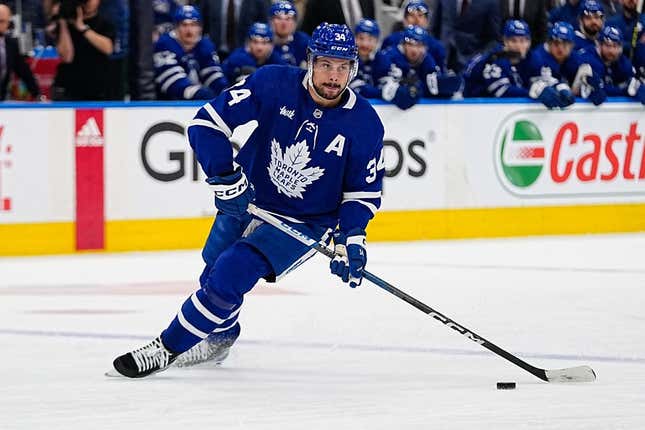 May 4, 2023; Toronto, Ontario, CANADA; Toronto Maple Leafs forward Auston Matthews (34) controls the puck against the Florida Panthers during game two of the second round of the 2023 Stanley Cup Playoffs at Scotiabank Arena.