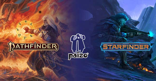 Company graphic for TTRPG developer Paizo and two of its games, Pathfinder and Starfinder. 