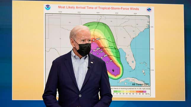 President Joe Biden arrives for a briefing on the preparations being made by FEMA for Hurricane Ida on Aug. 28, 2021.