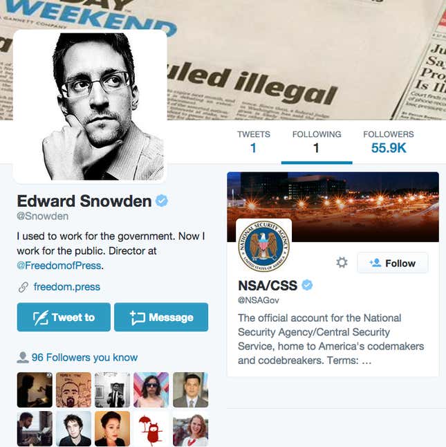 Image for article titled Edward Snowden is finally on Twitter—and he only follows one other account