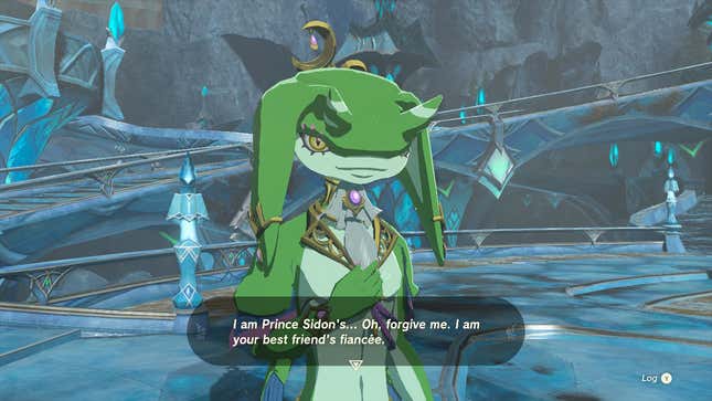 Yona, a green fish-person, is seen saying "I am Prince Sidon's...Oh, forgive me. I am your best friend's fiancée."
