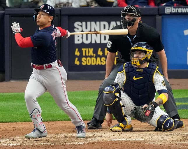 Boston Red Sox left fielder Masataka Yoshida (7) hits a grand slam home run during the eighth inning of their game against the Milwaukee Brewers Sunday, April 23, 2023 at American Family Field in Milwaukee, Wis.

Brewers23 28
