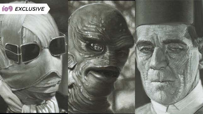 Black and white illustrations of three Universal Monsters--the Invisible Man, Creature From the Black Lagoon, and the Mummy--by Ashton Gallagher.