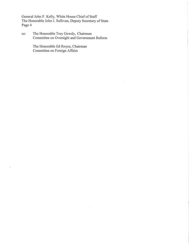 Page four of a letter from the House Oversight committee requesting more information on whether Trump's White House planned a purge of career civil servants deemed "insufficiently loyal"