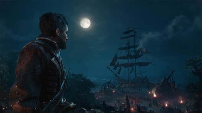 A sailor looks out a a pirate cover at night under the light of the moon.