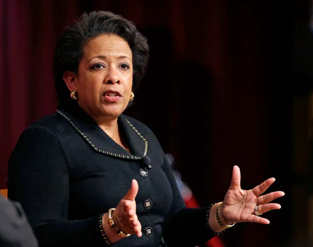 In this April 7, 2017, file photo, former U.S. Attorney General Loretta Lynch speaks during a conference on policy and blacks at Harvard University’s Kennedy School of Government in Cambridge, Mass. She has been hired to defend the NFL against a lawsuit alleging the league is racist in his hiring of coaches and executives.