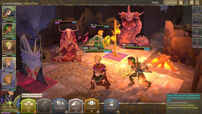 A troop of Wildermyth fighters confront serpents in a dungeon.