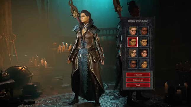 A screenshot from Diablo IV shows the character creator with different options for cosmetic appearance.