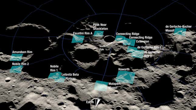 مواقع هبوط Artemis 3 المقترحة ، بما في ذلك Malapert Massif.