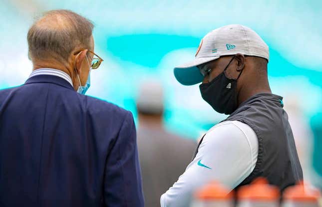 Miami Dolphins owner Stephen Ross talks with Miami Dolphins head coach Brian Flores at Hard Rock Stadium in Miami Gardens, October 18, 2020.

Dolphins Owner Stephen M Ross 06