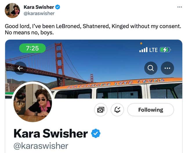 A screenshot of journalist Kara Swisher saying that she received a blue checkmark without her consent.