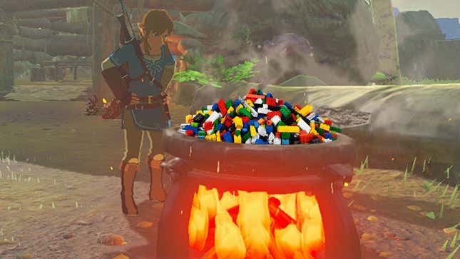 A Breath of the Wild screenshot of Link looking into a boiling pot full of LEGO bricks.