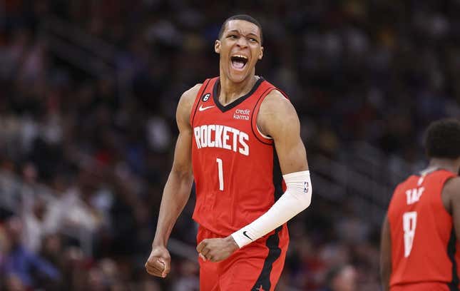 Mar 15, 2023; Houston, Texas, USA; Houston Rockets forward Jabari Smith Jr. (1) celebrates after scoring a basket during the fourth quarter against the Los Angeles Lakers at Toyota Center.