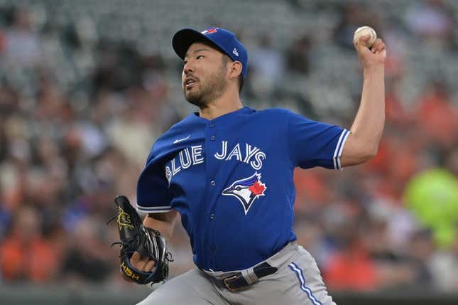 Aug 22, 2023; Baltimore, Maryland, USA;  Toronto Blue Jays starting pitcher Yusei Kikuchi (16) throws a first inning pitch against the Baltimore Orioles at Oriole Park at Camden Yards.