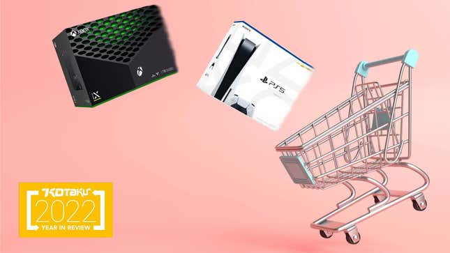An image of a shopping cart with the PlayStation 5 and Xbox Series X consoles flying into (or out of) it.