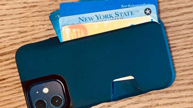 A photo of an iPhone in a wallet case with a driver's license, transit card, library card and credit card displayed