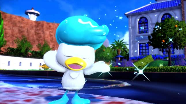 Pokémon Scarlet and Violet's water starter, Quaxly, flips its coiffed blue hair while taking a bath.
