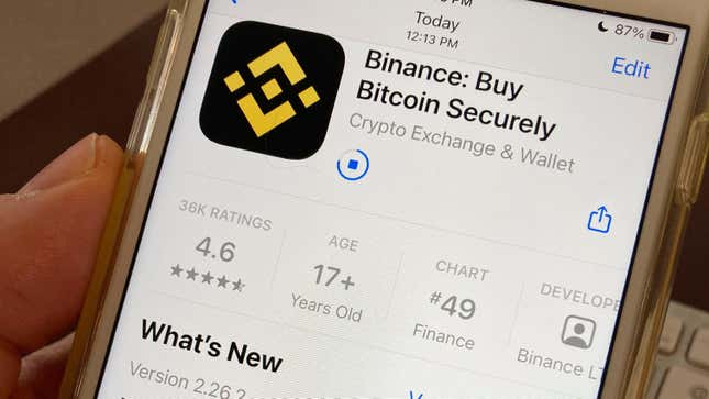 Binance app photographed off an iphone 8 pro.