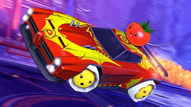 A red car zooms in the game Rocket League.