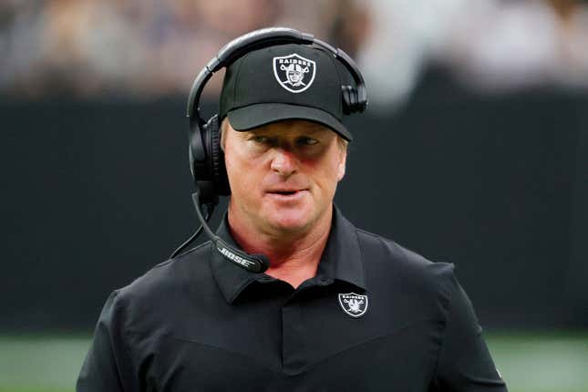 Head coach Jon Gruden of the Las Vegas Raiders reacts on the sideline during a game against the Chicago Bears at Allegiant Stadium on October 10, 2021 in Las Vegas, Nevada