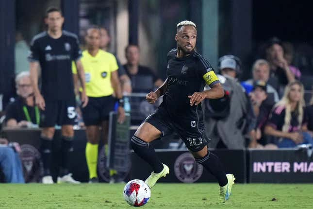 Aug 30, 2023; Fort Lauderdale, Florida, USA; Nashville SC midfielder Hany Mukhtar (10) kick the ball past Inter Miami during the second half at DRV PNK Stadium.