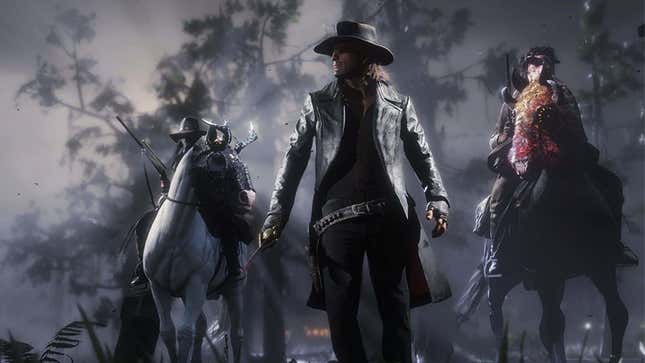 A group of outlaws wearing dark clothes and hanging out in a swamp at night as seen in RDO. 