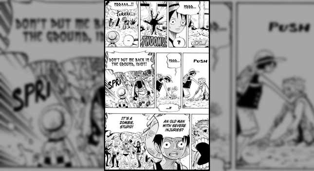 A zombie emerges from his grave and is promptly pushed back into the dirt by Luffy as his crew watch on in bewilderment.