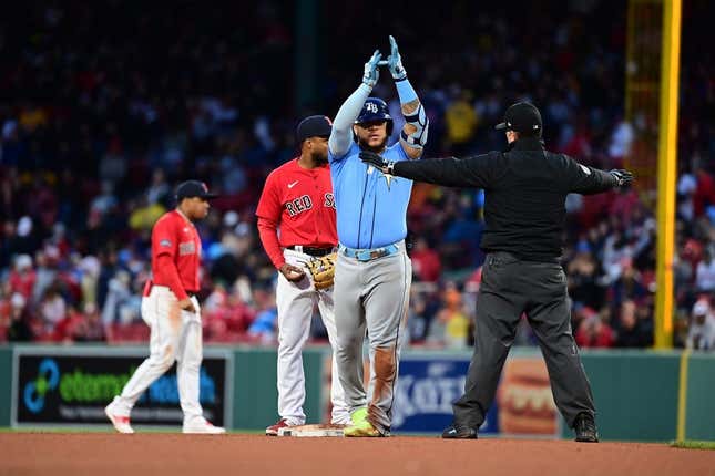 Jun 3, 2023; Boston, Massachusetts, USA; Tampa Bay Rays left fielder Harold Ramirez (43) reacts to being called safe at second base during the sixth inning against the Boston Red Sox at Fenway Park.
