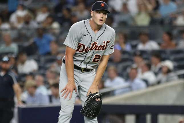 Sep 6, 2023; Bronx, New York, USA;  Detroit Tigers starting pitcher Matt Manning (25) reacts after getting hit by a line drive in the first inning against the New York Yankees at Yankee Stadium.